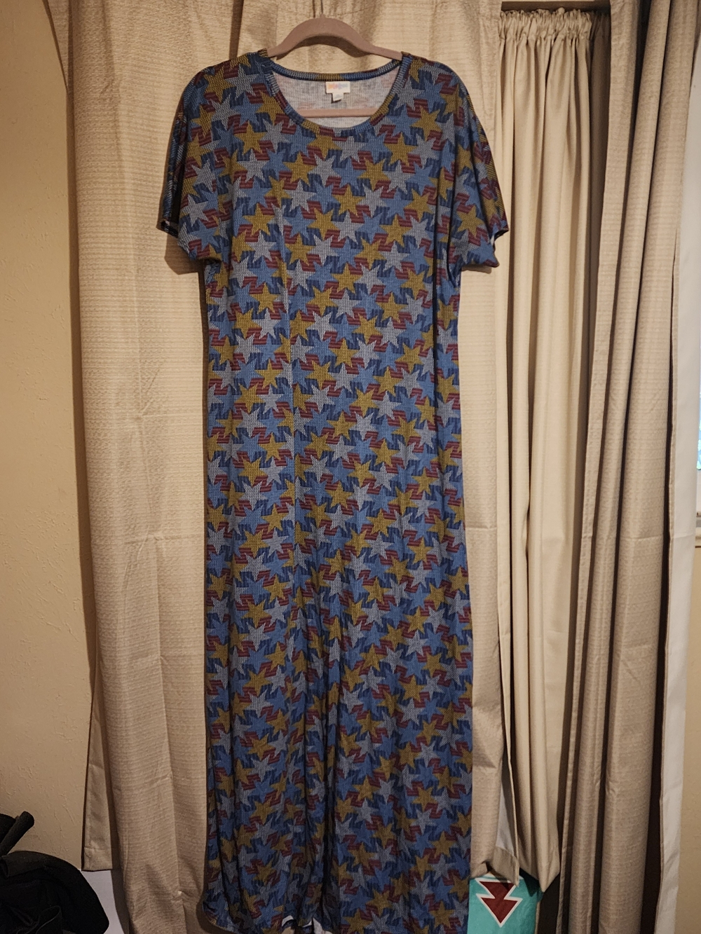 LuLaRoe Blue Maxi Dress with Yellow and Burgundy Accents